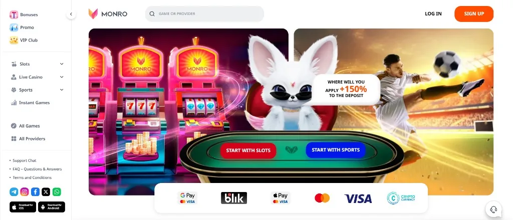 Monro Casino homepage — 150% welcome offer, slots and sportsbook lobby